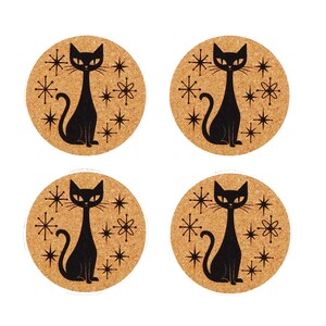 Set of 4 Black Cat Cork Coasters with Holder, Laser Engraved Drink Coasters Mid Century Modern Cat Decor Retro Bar Gift Housewarming Present