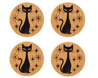 Set of 4 Black Cat Cork Coasters with Holder, Laser Engraved Drink Coasters Mid Century Modern Cat Decor Retro Bar Gift Housewarming Present