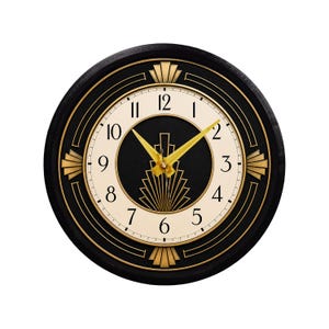 May include: A round black wall clock with a cream-colored face and gold accents. The clock features gold hands and a black center with a gold art deco design. The clock's outer rim is black.