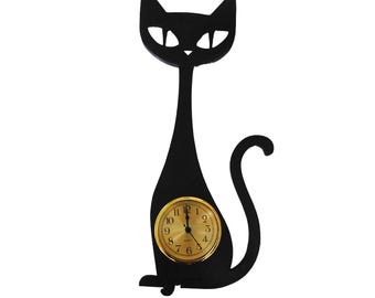 Mid-Century Modern Black Cat Clock – Retro Atomic Cat Wall Decor, Unique Feline Clock Gift for Cat Lovers
