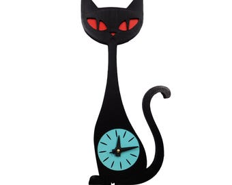 Mid Century Modern Atomic Cat Clock – 3D Printed Retro Wall Clock – Black Cat Decor – Atomic Age Home Accent – Choice of 5 Colors