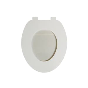 May include: A white, oval-shaped toilet seat with a central opening. The seat has a smooth, matte finish and two small, rectangular protrusions at the top for mounting. The design is simple and functional, suitable for a bathroom setting.