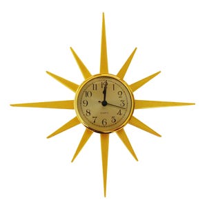 Small Mid-Century Modern Gold Sunburst Wall Clock – Retro Atomic Starburst Design – Vintage Style 3D Printed Home Decor