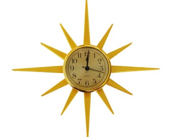 Small Mid-Century Modern Gold Sunburst Wall Clock – Retro Atomic Starburst Design – Vintage Style 3D Printed Home Decor