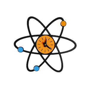 May include: A wall clock shaped like an atom with a central orange circular face featuring black tick marks and black hands. The structure consists of three intersecting black elliptical orbits, with two light blue spheres and one orange sphere attached.