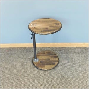 Solid Pine Round Top Adjustable Height Industrial Black Iron Pipe C Table