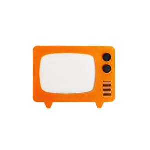 May include: Orange retro-style television with a white screen, two black circular buttons, and a series of vertical lines on the right side. The TV has a rectangular shape with rounded corners and two small feet.