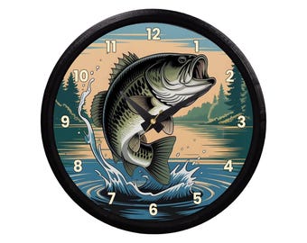 Bass Fishing Wall Clock, 8.5" 3D Printed Clock, Fisherman Gift, Lake House Decor, Fishing Cabin Wall Art, Angler Gift, No Glare Clock