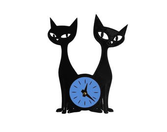 Small Atomic Cats Wall Clock – Mid Century Modern Cat Clock – Retro Black Cat Clock – 3D Printed Wall Decor