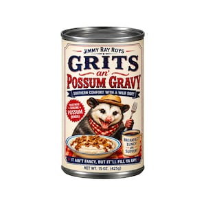 May include: A cylindrical metal can of Jimmy Ray Roys Grits an' Possum Gravy. The label features a cartoon opossum wearing a hat and red bandana, holding a fork next to a bowl of grits and a mug labeled Breakfast Lunch or Supper. Net wt. 15 oz.