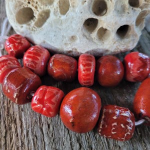 Handmade Red Ceramic Beads: Glazed Artisan Jewelry Making, Set of 12