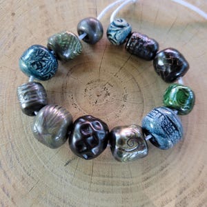 Handmade Ceramic Bead Set – Bronze, Green and Blue Glazed Patterned Beads for Jewelry Making, Set of 12 Beads