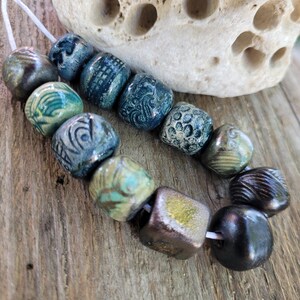 Handmade Ceramic Bead Set – Turquoise, Blue and Bronze Glazed Rustic Patterned Beads for Jewelry Making, Set of 12 Beads