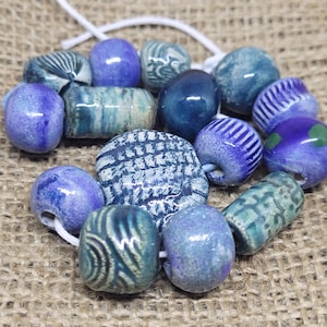 Set of 15 Handmade Blue Ceramic Beads – Glazed, Unique, and Artisan-Crafted