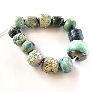 Set of 13 Green Ceramic Beads – Handmade Glazed Beads for Jewelry Making, Artisan Supplies