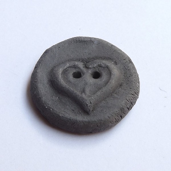 Ceramic Button, 26mm / 1"  round button, black heart, raku