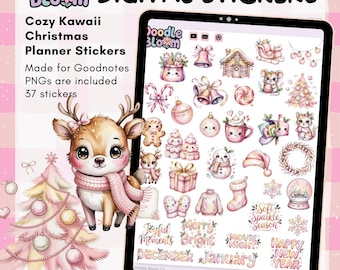 Kawaii Christmas Stickers | Pink Watercolor Clipart (Digital PNG Set)