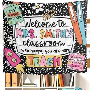 Composition Notebook Classroom Decor Welcome Tapestry Wall, Personalized Teacher Back To School Banner Tapestry