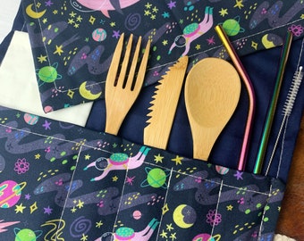 SPACE CUTLERY POUCH | bamboo cutlery | metal straws | zero waste gift | vegan | picnic set | travel pouch | eco friendly set | cotton