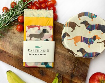 Dachshund WAX FOOD wrap set 3x 10” vegan or bees wax| Reusable wrap| eco friendly gift| zero waste| food bowl cover| cat| sandwich bag,