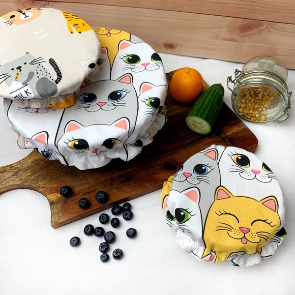 CAT | BOWL COVERS | 3 set | food storage | picnic | dish cover | bowl cozy | bowl set | dish set | wax wrap | cloth bowl cover starter set