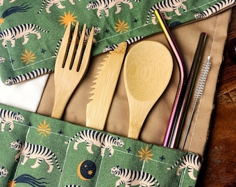 TIGER CUTLERY POUCH | bamboo cutlery | metal straws | zero waste gift | vegan | picnic set | travel pouch | eco friendly set | cotton