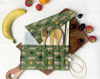 TIGER CUTLERY POUCH | bamboo cutlery | metal straws | zero waste gift | vegan | picnic set | travel pouch | eco friendly set | cotton