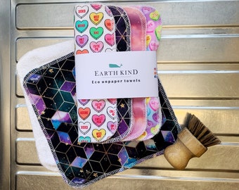 Reusable cloths / unpaper towels / eco kitchen roll wipes. Pink Love hearts. Zero waste & bio kitchen cleaning.  Sets of 4, 8, 12.