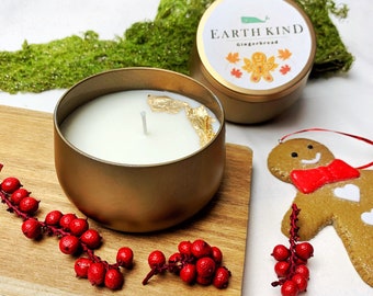 Warming gingerbread festive Christmas candle in a reusable tin. Perfect vegan & eco friendly stocking filler gift. scented gift for her