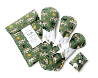 Reusable cloth sanitary pads and wet bag, zero waste menstrual towels, period panty liner medium heavy set. Eco friendly plastic free gift