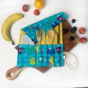 MONSTER CUTLERY POUCH | bamboo cutlery | metal straws | zero waste gift | vegan | picnic set | travel pouch | eco friendly set | cotton