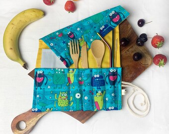 MONSTER CUTLERY POUCH | bamboo cutlery | metal straws | zero waste gift | vegan | picnic set | travel pouch | eco friendly set | cotton