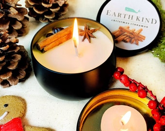 Warming cinnamon festive Christmas candle in a reusable tin. Perfect vegan & eco friendly stocking filler gift. scented gift for her