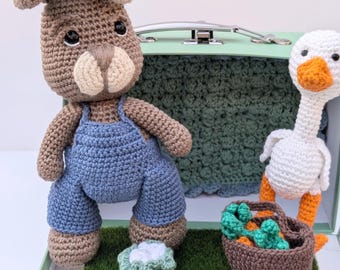 Benny Bunny & Greta Goose Travel Set – Handmade Crochet Amigurumi Collectible | Nursery Décor