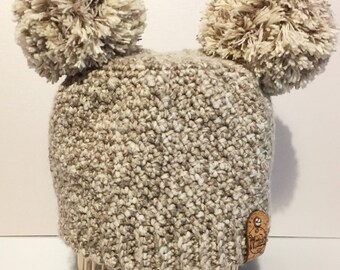 Crocheted Baby Bobble Beanie: Sandstone Acrylic Nylon Blend (9-12 Months)