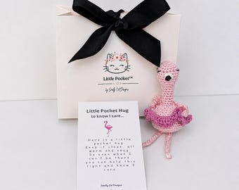 Crochet Flamingo Pocket Hug | Friendship Keepsake Card, Handmade Token | Gift Idea