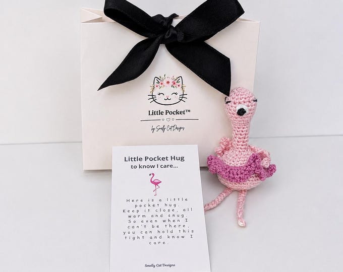 Featured listing image: Crochet Flamingo Pocket Hug | Friendship Keepsake Card, Handmade Token | Gift Idea