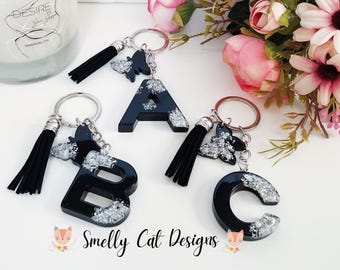 Handmade Resin Letter Black & Silver Glitter Keychain, Initial Keyring