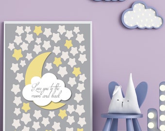 DIGITAL PRINT - Moon Baby Shower Guest Sign-In Stars Clouds YELLOW Print - Baby Shower Guest Book Alternative - 50 + Stars - 11x14 or 16x20