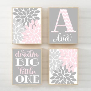 PINK GRAY Nursery Decor, Baby Girl Name Nursery Art, Pink Gray Flower Nursery Wall Art, CANVAS or Print Girl Monogram Dream Big Set of 4 Art