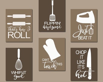 KITCHEN QUOTE Wall Art, Funny Utensil Wall Decor, CANVAS or Prints Just Beat It, How I Roll, Dining Room Decor, Set of 6 Choose Your Colors