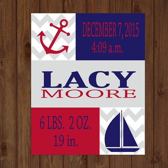 Items similar to NAUTICAL Girl, Nursery Decor, Wall Art, Birth Announcement, Navy Red Anchor