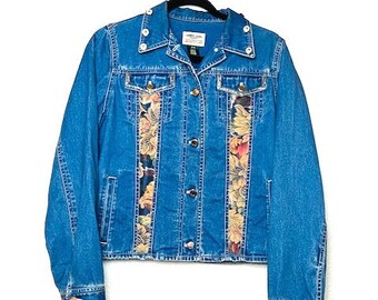VINTAGE RALPH LAUREN Lauren Jean Co Jean Jacket Long Sleeve Floral Pannel Size Petite Medium Great Condition Blue Denim Jeans
