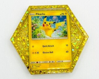 Pikachu Coaster, Gold Glitter Pokemon Resin Plastic Coaster, Pokemon Pikachu Cup Coaster, Yellow Gold Sparkle Coaster, Handmade Pokemon