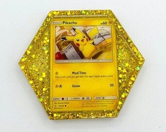 Pikachu Coaster, Gold Glitter Pokemon Resin Plastic Coaster, Pokemon Pikachu Cup Coaster, Yellow Gold Sparkle Coaster, Handmade Pokemon
