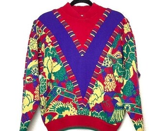 KANSAI YAMAMOTO Vintage Wool Blend Metallic Red Purple Green "V" Design Holiday Christmas Sweater, Unisex Vintage Sweater, Size Small