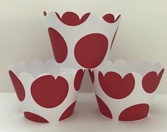 Red & White Polka Dot Cupcake Wrappers, Baby Shower Party decorations cupcake holders, party supplies Cup wraps sleeves paper good Christmas