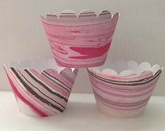 Pink Brown White Marble Cupcake Wrappers, Party decorations, cupcake holders, party supplies, cupcake wraps, cupcake sleeves, tie dye paper