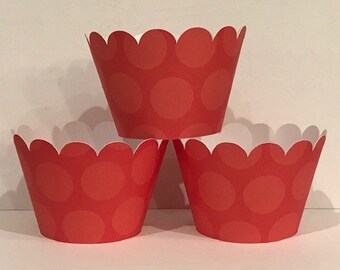 Dark Red & Light Red Polka Dot Cupcake Wrappers, Baby Shower Party decorations holders party supplies Cup wraps sleeves paper good Christmas