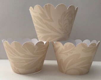 Beige Fall Leaf Cupcake Wrappers, Beige Party decorations cupcake holders, party supplies, cupcake wraps, sleeves, paper goods, Thanksgiving